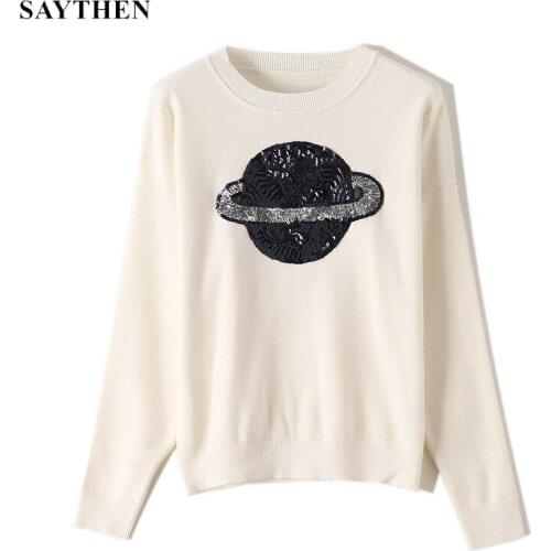Saythen Halajuku Viscose Blend Planet Sequined Beading Pullover Sweater Slim Fitted Pull Femme Causal Long Sleeve Female Tops