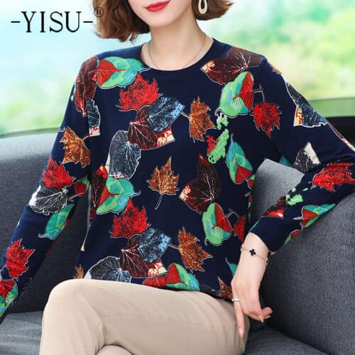 YISU Loose Wool Sweater Jumper O-Neck Tree leaf Printing tops Long sleeves Loose Female Casual Knitted pullover Women clothing