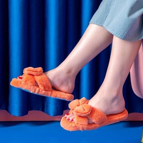 Womens Fluffy Slippers Butterfly Knot Open Toe Solid Thick Bottom Female Flat House Shoes Leisure Comfortable Ladies Footwear