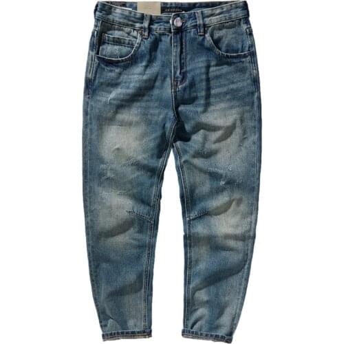 Vintage Jeans Men 's American Casual 3D Fit Stand Cut Distressed Straight -Leg Trousers
