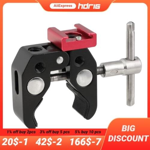 HDRIG Super Crab Clamp with 1/4" 3/8" Thread Holes Red Shoe Mount Clip for Camera Tripod Pipe Handrail Pole