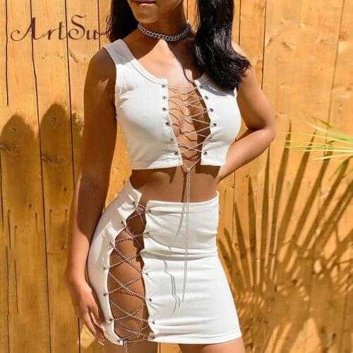 ArtSu Sexy Bandage Metal Chain Lace Up Tank Top And High Waist Mini Skirts Party Club 2 Piece Set Women Hollow Out White Outfit