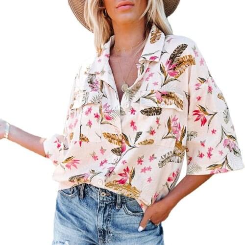New Ladies Printed Shirt Lapel Sleeve Pocket Single-Breasted Casual Loose Top Office Outing Street Cardigan Vestidos De Muje