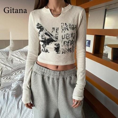 Gitana 2021 Autumn Vintage Y2K Letter Print Long Sleeve Ribbed Knitted T Shirt Women Kawaii Slim Crop Top Korean Fashion Tee
