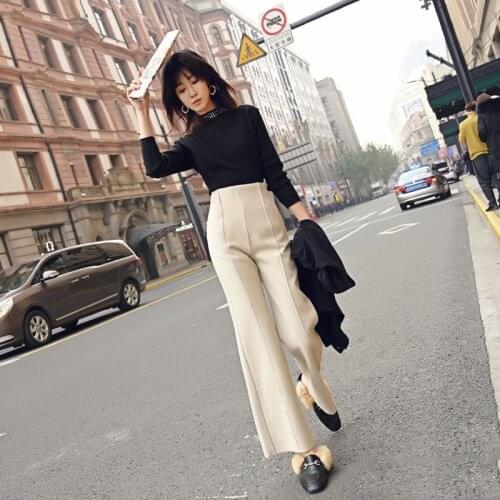Female autumn winter woolen wide leg pants womens new Office lady high waist straight pants loose casual pants woolen trousers