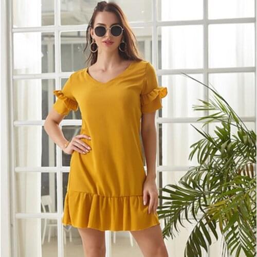 Women Dress Solid Ruffle Short Dress Summer Fashion Knot Sexy V-Neck Holiday Dress 2021 Streetwear Loose Knee-high Dress