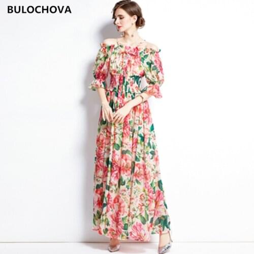 BULOCHOVA Women O Neck Flare Sleeve Print Chiffon Holiday Long Dress 2021 New Arrival Large Size Elastic Waist Vestido Femme 2XL