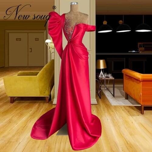 New Arrival Red Beaded Evening Dresses 2021 Couture Arabic Off The Shoulder Party Dress Dubai Women Prom Gowns Robe De Soiree