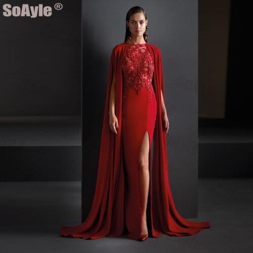 SoAyle Evening Dress 2020 Spectacular Dress Godmother Evening Dress Lace Beaded Split Ruby Red Mermaid Cocktail Party Dress