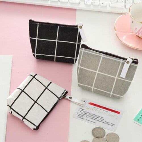 1PC Canvas Plain Grid Lines Cute Coin Purse Handy Wallet Pouch Storage Bag Women Zipper Square Plaid