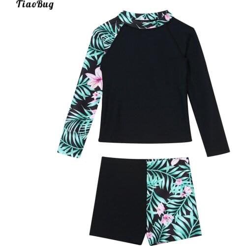 TiaoBug 2Pcs Kids Girls Round Neck Long Sleeves Asymmetric Print Tops And Shorts Set Beach Pool Water Park Swimming Bathing Suit