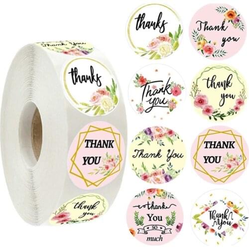 A 500pcs/Roll Floral Thank You Sticker Seal Labels Christmas Gift Bag Decoration Sticker for Package Envelope Stationery Sticker