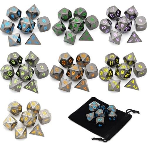 Black Chrome Metal Dice for DND RPG Games and Math Teaching Black Small Pouch Included