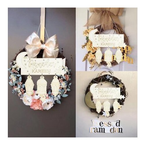 Wooden Pendant Ramadan Kareen Wood Craft For Home Door Hanging Decor DIY Islamic Party Wreath Supplies Eid Mubarak Ramadan Decor