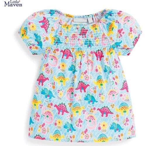 Little Maven New Summer Kids Colorful Dinosaurs Printed O-neck Girls 2-7yrs Lantern Sleeve Cotton Knitted Smock T-shirts Tops