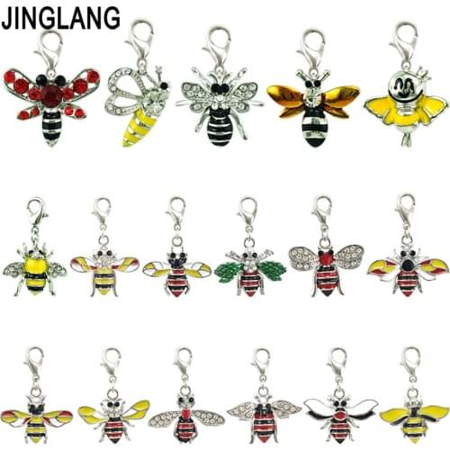 JINGLANG Mixed Personalized enamel Bee Metal Pendant Rhinestone Inlaid Ice Hockey Jewelry Insect Charm 12 Psc