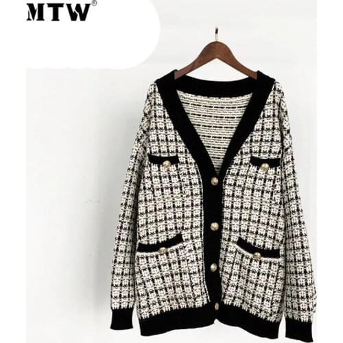 Women Elegant Plaid Print Office Sweater Autumn Winter Knitted Cardigan 2020 Casual Button V-Neck Long Sleeve Outwear Tops