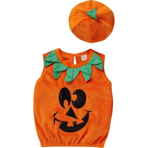 Toddler Baby Girls Boys Halloween Rompers 2Pcs Costume Clothes Sets Sleeveless Pumpkin Tank Tops Vest + Hat Childrens Clothing