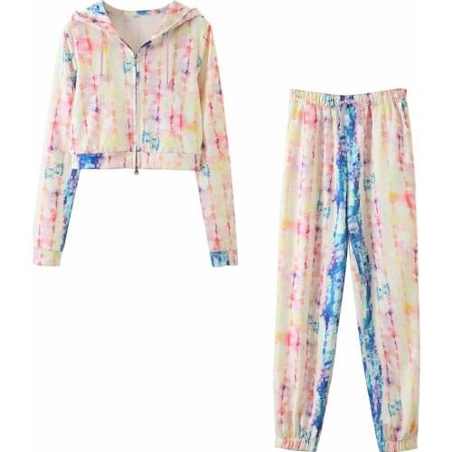 Suit Womens New Style Fashion Tie-Dye Colorblock Zipper Hooded Short Hooded Sweater + High Waist Elastic Slacks two piece set