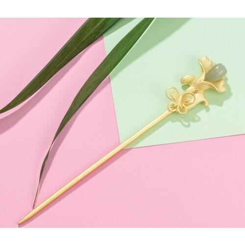 Jade 925 Sterling Silver Hair Stick Lily Flower Butterfly Hairpin Luxury Jewelry Chinese Handmade Woman Gift