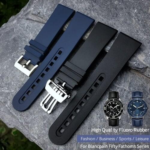 23mm Fluorine Rubber Silicone Watch band Replacement For Blancpain Fifty Fathoms Black Blue Soft Strap Stainless Steel Buckle