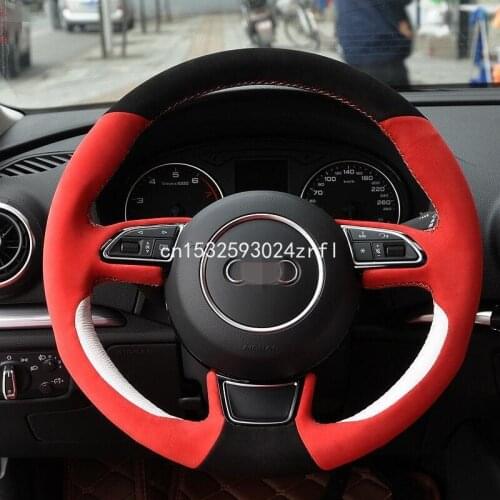 Hand-stitched Black Red Suede White Leather Car Steering Wheel Cover for Audi A3 A5 A1 A7