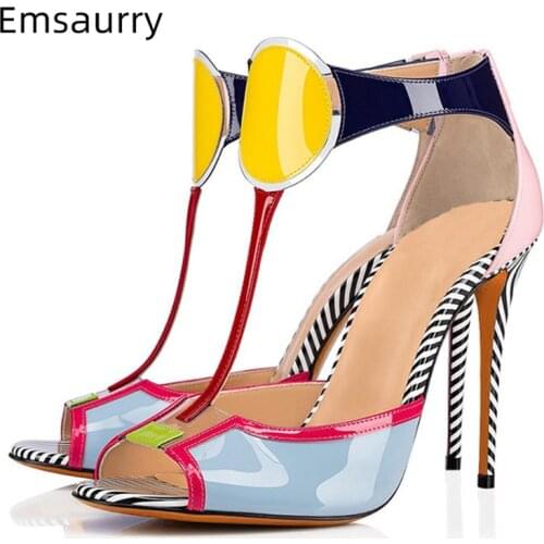 Sweet Jelly Color Peep Toe Gladiator Sandals Women Stiletto Heel T-strap Back Zip Patent Leather Mixed Color Summer Shoes