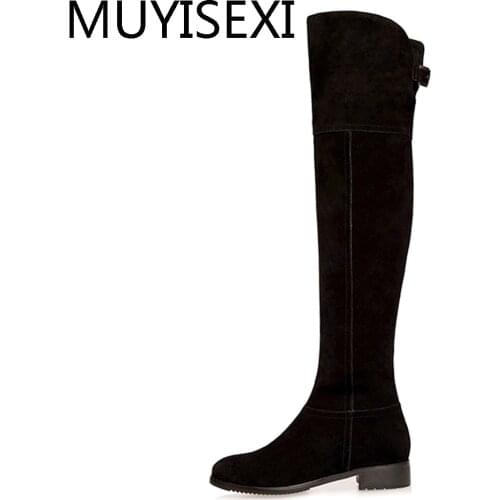 Over the Knee Boots Black Full Genuine Leather Round Toe Square Heel Women Winter Shoes Thigh High Boots Zipper LIH02 MUYISEXI