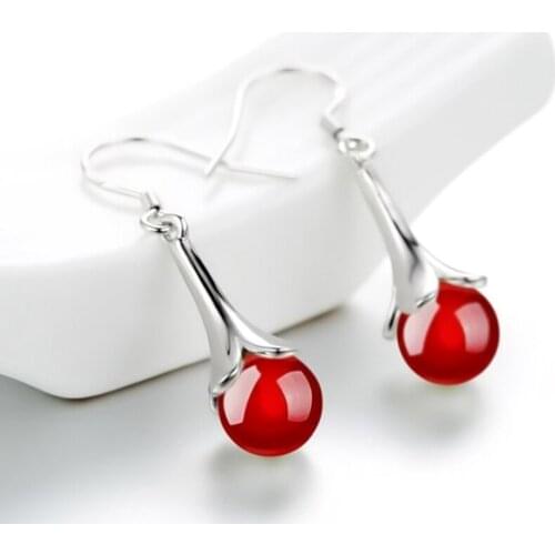 New Fashion Lady flower water dop Stone Earrings Round White Opal dangle Earrings for Women Jewelry Wholesale party Accessories