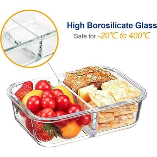 Glass Food Storage Meal Prep Containers 2 grid with Airtight Locking Lids BPA Free Divided Glass Bento Lunch Boxes Crisper