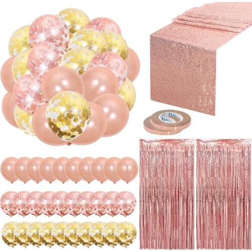 Rose Gold Confetti Balloons Party Decoration Set Fringe Curtains Sequin Table Runner For Baby Shower Wedding Birthday Party