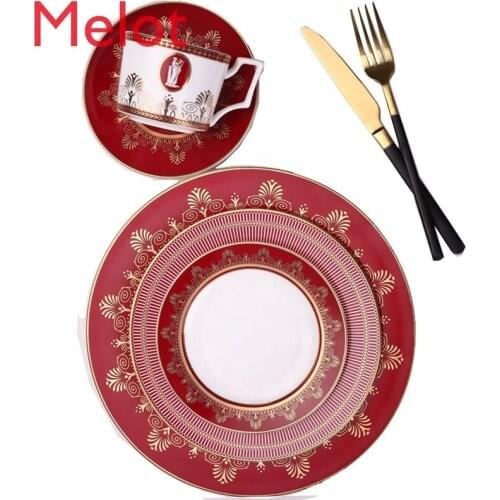 High quality red gold pattern ceramic Wedding plate set bone china dinner sets for banquet