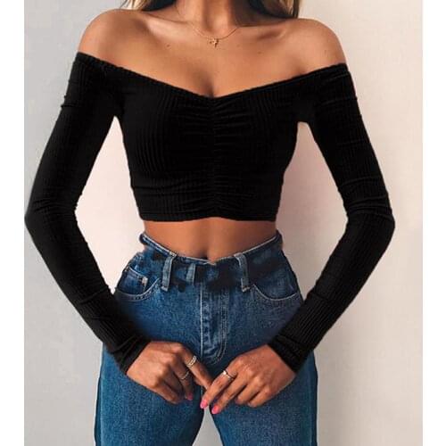 Women New T Shirt Sexy Off Shoulder Slash Neck Solid Color Fashion Long Sleeve Women Short Tops 2020 Female T Shirt