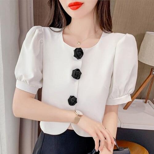 Chiffon shirt women 2021 summer new style Korean round neck puff sleeve design niche slim short top