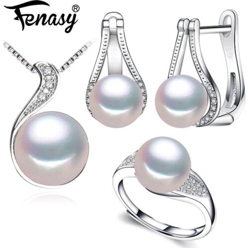 FENASY 925 Sterling Silver Jewelry Sets Natural Pearl Pendant Necklaces For Women Classic Stud Earrings Fashion Party Rings