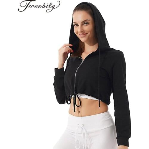 Women Casual Hooded Sweatshirts Running Jackets Workout Sportswear Long Sleeves Front Zipper Drawstring Cropped Sweatshirt Tops