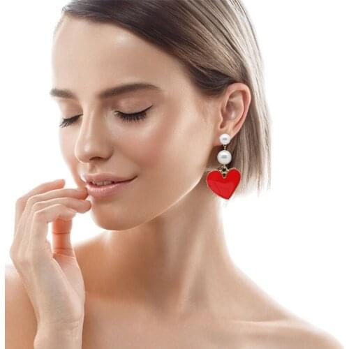 2020 Vintage Style Pearl Heart Shaped Long Earrings For Women Fashion Red Color Love Heart Small Earrings For Women