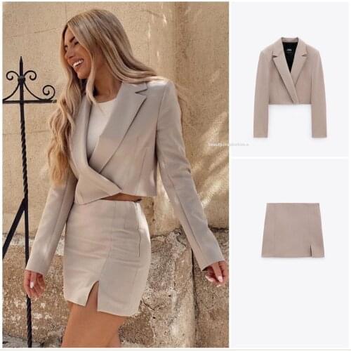 2021 two piece set womens Za short coat and side split mini skirt elegant fashion chic womens two piece set womens coat set