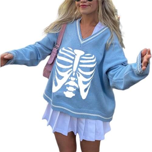 Xingqing Women Long Sleeve Knitted Sweaters Streetwear Oversized Chunky Pullover Y2K Harajuku Skeleton Knit Jumper Tops