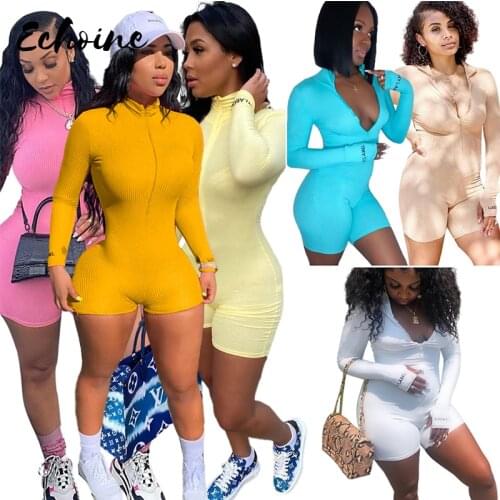 Long Sleeve Skinny Autumn Knit Rompers Womens Jumpsuit Stand Neck Zipper Sexy Jumpsuit Women Solid Sport Casual Overalls