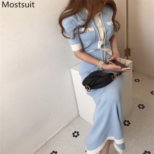 Korean Elegant Knitted Two Piece Sets Women Short Sleeve Cardigans + Elastic Waist Long Skirt Suits Fashion Ladies Sets 2020