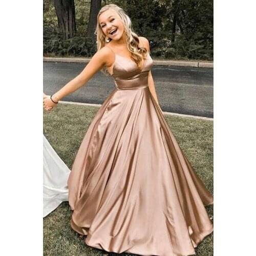 Sexy A-Line Satin V-Neck Evening Dresses with Pockets Long Criss Cross Back Abendkleider Robes de Soirée for Women
