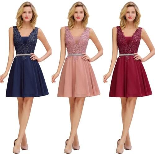 Pink Burgundy Bridesmaid Dresses Short Elegant Bead Sleeveless Wedding Guest Party Gown V Neck Chiffon robe demoiselle d'honneur