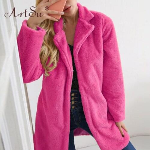 ArtSu Winter Streetwear 2019 Fashion Women Plus Size Faux Fur Coat Turn-Down Collar Long Sleeve Party Overcoat Long Abrigo Mujer