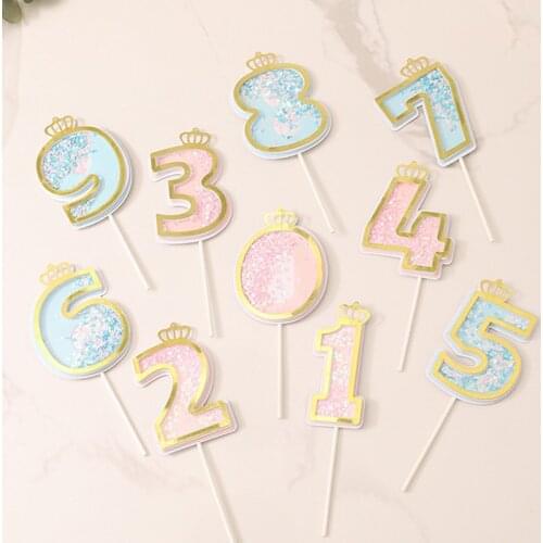 1pc Pink Blue Crown Number Cake Toppers Baby Shower Kids Birthday Party Decoration 0-9 Digital Cupcake Cake Dessert Decor Topper