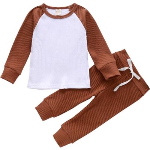 2020 Autumn New Arrival Childrens Clothing Knitted Pit Stripe Contrast Color Blouse Long Sleeves Trousers Two-piece Suit