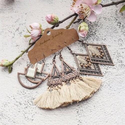 3 Pair Set Tribal Bohemian Dangle Tassel Earrings for Women and Girl Geometry Collection Ethnic Mandala Handwave Earrings KQ-39D