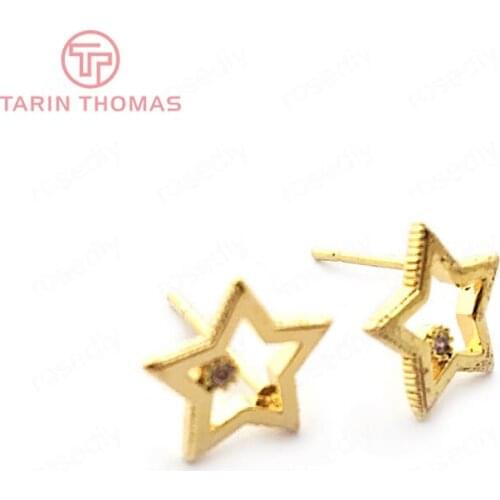 33728)6PCS Star 10*9.5MM 24K Gold Color Brass with Zircon Star Stud Earrings Pins High Quality Diy Jewelry Findings Accessories