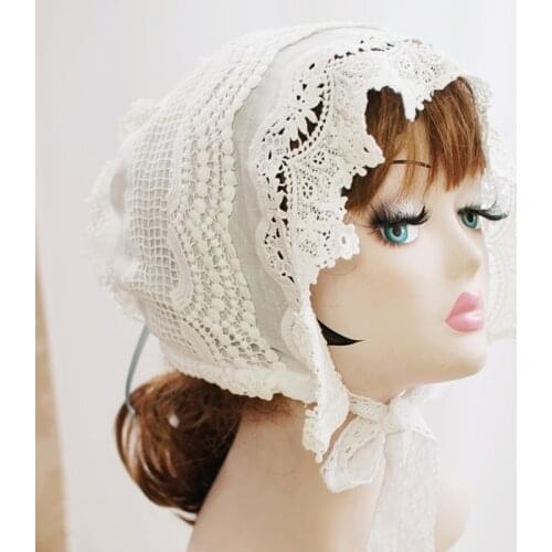 Floral White Lace Lolita Bonnet Ruffled Hat Adjustable Medieval Vintage Maid Cosplay Women Girls Pumpkin Sweet Cap Straps
