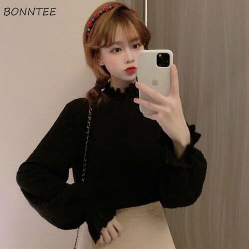 Shirts Women Turtleneck Loose Solid Flare Sleeve Simple Autumn Thicker Plus Velvet Warm Female Blouses All-match Leisure Ulzzang